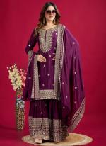 Chinnon Silk Magenta Ceremonial Wear Sequins Work Readymade Sharara Suit